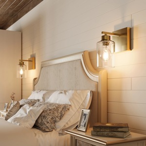 Modern Farmhouse <b>Wall</b> <b>Sconce</b> Gold Finish Glass Shade Bulb <b>Light</b> Fixture Bedroom Lighting - Product Image 3