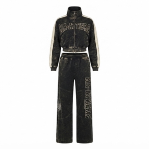 Conjunto de chándal de dos piezas para mujer: Chaqueta corta con cremallera y lavado ácido y pantalones de chándal de pierna ancha - Product Image 4