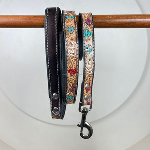 Elegant Design Hand-Tooled Leather Dog Leash & Collar Set Dog Training Cow Leather Traffic Lead 3-Piece Sets for Night Walking - Product Image 3