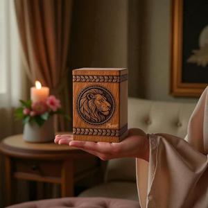 Urna Funeraria de Madera Tallada con León: Recuerdo Conmemorativo Grabado - Product Image 5