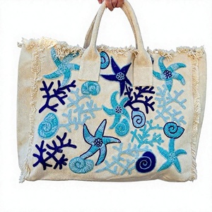 Starfish Ocean Embroidered Tote <b>Bag</b> Women Handmade Beaded Canvas Large Capacity Beach <b>Bag</b> - Product Image 4