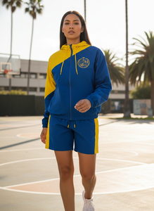 Ensemble de survêtement à capuche pour homme, bleu et jaune, avec blocs de couleur, fermeture éclair, poches latérales, respirant, en polyester, style sportif décontracté, idéal pour le printemps - Product Image 5