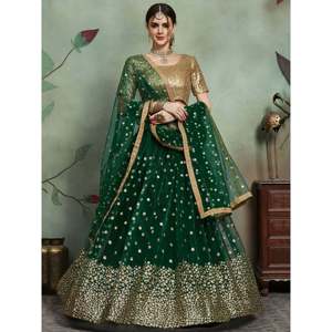 Dark <b>Green</b> Sequin <b>Net</b> Party Wear Lehenga Choli with Dupatta - Product Image 1