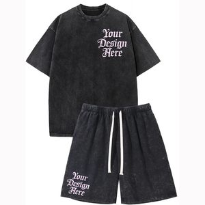 Ensemble 2 pièces d'été pour homme : T-shirt en coton épais délavé à l'acide et short, séchage rapide, logo imprimé en mousse, vêtements de marque - Product Image 1