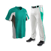 Set Jersey Bisbol Pria Celana Putih Depan Berkancing Lengan Pendek Teal Pakaian Semua Musim yang Menyerap Kelembapan