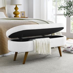 Panca Contenitore Ovale Bianca in Stile Ottomano con Gambe in Legno di Gomma 43.5"x16"x16" per Arredamento Soggiorno - Product Image 4