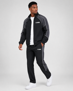 FLY HUMBLE Ensemble de survêtement décontracté noir pour homme, col montant zippé, style sportif, avec logo imprimé à rayures blanches, idéal pour l'été - Product Image 3