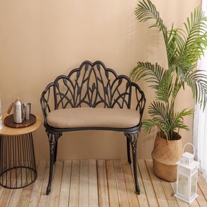 Tulip Floral Rose <b>Metal</b> Patio Garden <b>Bench</b> Cast Aluminum Outdoor Furniture Black and White for Park Lawn Yard - Product Image 5