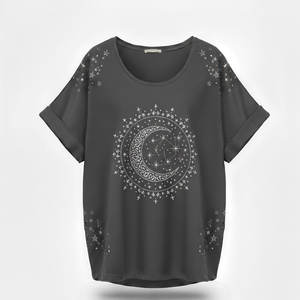 Camiseta unisex con estampado de purpurina dorada brillante, diseño de atrapasueños y estrellas, camisa informal de moda de manga corta - Product Image 1