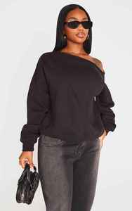 Sudadera de Mujer Negra Asimétrica con Hombros Descubiertos, Manga Larga, Color Sólido, Tejido de Algodón, Oversize, con Logo Frontal, para Otoño e Invierno - Product Image 5