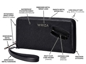 กระเป๋าสตางค์ผู้หญิง Wriza Arctic Hunter รุ่นวินเทจ กันน้ำ ทำจากโพลีเอสเตอร์ กระเป๋าคลัทช์แบบยาว มีซิป ช่องใส่บัตร ช่องใส่เหรียญ สีดำ เหมาะสำหรับการเดินทาง - Product Image 3