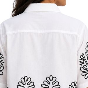 <b>White</b> Women Cropped Button Shirt Black Floral Embroidery Short Sleeve Casual Summer Blouse Cotton Fashion Designer Top Custom - Product Image 5