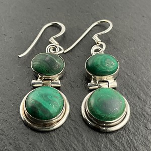 Vintage Malachite Sterling Silver Dangle Drop <b>Earrings</b> Handmade <b>Green</b> Gemstone Jewelry Elegant Gift For Women - Product Image 1