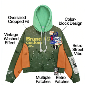Sudadera con capucha de algodón orgánico grueso para hombre, con cremallera, diseño de bloques de color, corte cropped y holgado, bordado personalizado y pedrería. - Product Image 3
