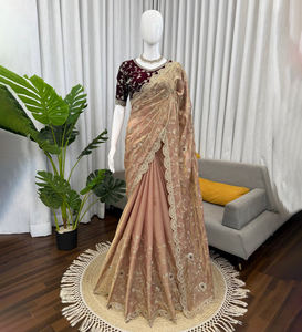 Sari de Seda Modal Suave Banarasi Indio de Última Moda, de la Mejor Calidad, para Fiestas y Bodas, con Tejido Tradicional de Cobre Zari - Product Image 1