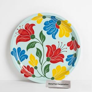 Plateau de service rond en métal floral, grand plateau décoratif, fleurs colorées, décoration pour la maison, la cuisine, les mariages et les fêtes, fabricant de plateaux - Product Image 1