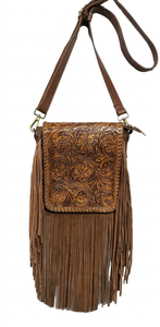 Bolso Bandolera de Cuero Genuino Marrón Oscuro con Diseño Floral y Flecos, Estilo Bohemio, Llegada 2026 - Product Image 3