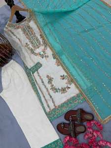 Ensemble haut et pantalon en soie chinon brodée de haute qualité, style indien moderne, pour femmes, idéal pour les fêtes et les mariages, toutes saisons. - Product Image 2