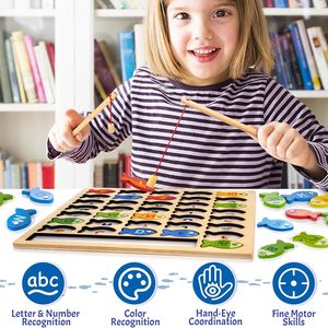 Jeu de pêche en bois, chiffres et lettres, puzzle de poissons colorés, jouet éducatif pour l'apprentissage des enfants - Product Image 5