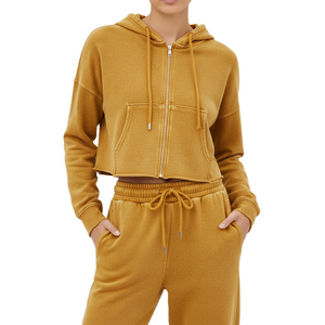 เสื้อฮู้ดครอปแขนยาวซิปหน้าผ้าฟอกสีคุณภาพสูงสำหรับฤดูหนาว กางเกงขายาวรูดเชือก สไตล์สตรีทลำลองสำหรับผู้หญิง โลโก้สั่งทำได้ ผลิตจากผ้าฝ้าย 100% - Product Image 3