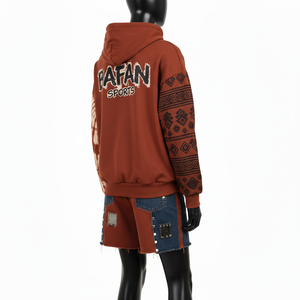 ชุดเซ็ตฮู้ดดี้แขนสั้นสำหรับผู้หญิง ผ้าฝ้ายฟลีซ 320 GSM สีน้ำตาลสนิม ลายมัดย้อม แขนเสื้อแบบต่อผ้าลายชนเผ่า  โลโก้เชนิลล์ ชุดเซ็ตสำหรับผู้หญิง - Product Image 5