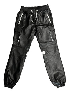 Custom OEM Men's Genuine <b>Sheepskin</b> Leather Tracksuit Two-Piece Set Striped Trim Hooded Bomber <b>Jacket</b> and Cargo Jogger set - Product Image 5
