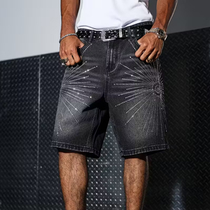 Shorts en jean baggy en coton écologique respirant, taille mi-haute, style streetwear d'été, avec logo personnalisé et strass - Product Image 1