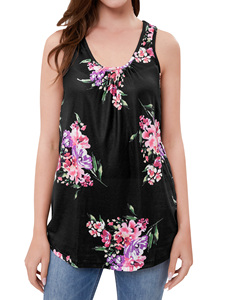 Camiseta sin mangas con estampado floral para mujer, cuello redondo, informal, para verano, color negro con flores rosas y moradas - Product Image 3