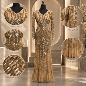 Gold Beaded Mermaid <b>Evening</b> <b>Dress</b> | V-Neck Long Sleeve Floor Length Formal Gown <b>for</b> Party <b>Wedding</b> Guest Special Occasion Elegant - Product Image 5