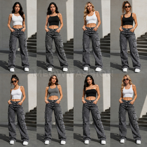 Ropa de Mujer, Jeans Anchos de Mezclilla con 6 Bolsillos, Tops Cortos Transpirables, Ropa en Stock, Fabricante de Bangladesh, Proveedor Directo de Fábrica - Product Image 1