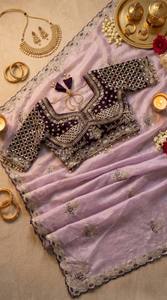 Sari de lujo con bordado de loto y blusa con latkan elegante, sari tradicional indio para mujer - Product Image 4