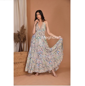 Boho Silk Maxi <b>Dress</b> Halter Neck Floral Printed Multicolor Maxi <b>Dress</b> for Women Comfortable <b>Dress</b> at Wholesale Price Bulk Export - Product Image 1