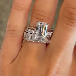 925 <b>Silver</b> Moissanite Diamond <b>Emerald</b> Cut Engagement <b>Ring</b> with Eternity <b>Emerald</b> Cut & Open Wedding Band in White Gold Plated. - Product Image 2