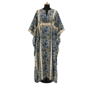 ชุดเดรสยาวแบบคาฟตัน พิมพ์ลายด้วยมือ ผ้าฝ้าย คอเสื้อแบบโยก ไหล่ตก แต่งขอบ ดีไซน์ทำมือสำหรับผู้หญิง เหมาะสำหรับใส่ไปเที่ยวชายหาดหรือรีสอร์ท - Product Image 1