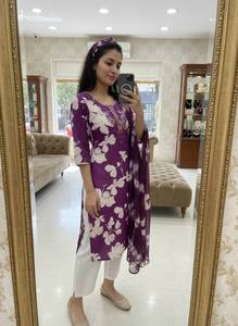 Purple Printed Rayon <b>Kurti</b> With Dupatta Women's Traditional Casual Wear Midi Length Regular Fit All Seasons India Pakistan Style - Product Image 2
