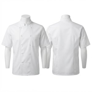 Premium 200 GSM Woven Cotton Polyester Twill <b>White</b> Chef <b>Jacket</b> <b>Short</b> Sleeve Double Breasted Collar Pocket Custom Logo Unisex - Product Image 1