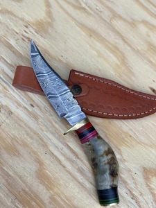 Damascus Fixed Blade Hunting <b>Knife</b> Drop Point Bevel Edge <b>Bone</b> <b>Handle</b> with Leather Sheath - Product Image 4