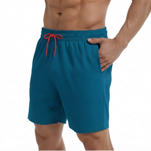 Men's Sea Blue Oxford Fabric 100% Cotton Athletic Workout Shorts <b>High</b> Waist Zipper Fly Pockets Board Shorts Style Waterproof - Product Image 1
