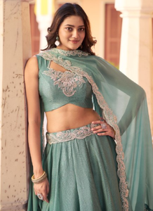 <b>Light</b> <b>Blue</b> Embroidered <b>Lehenga</b> Choli Fabric Dupatta Traditional Indian Wedding Festival Outfit Women - Product Image 2