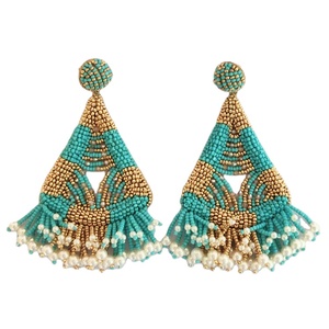 Top qualité 10 cm de Long triangulaire en forme de cloche vêtements pour femmes brodé à la main or Turquoise perles boucles d'oreilles goutte - Product Image 1