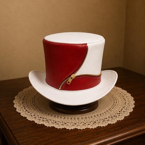 Chapeau haut de forme en cuir blanc et rouge sur mesure de qualité supérieure, style victorien steampunk avec fermeture éclair - Product Image 2