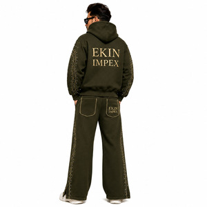 Conjunto de Sudadera con Capucha y Cremallera con Logotipo Personalizado, Lavado Vintage, Pedrería y Tachuelas, y Pantalones de Pierna Ancha, Lavado Ácido, 2 Piezas, Fabricante OEM 100% - Product Image 4