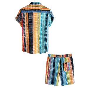 Conjunto de Camisa de Manga Corta a Rayas y Pantalones Cortos para Hombre, Cuello Camisero, Estilo Casual de Verano, Transpirable, de Poliéster - Product Image 2