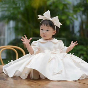 Vestido de fiesta de lujo para niña, de satén liso con lazo, estilo princesa, para primer cumpleaños, con mangas abullonadas, para 6 meses a 3 años, venta al por mayor - Product Image 3