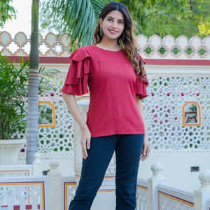 Conjunto de 2 Piezas para Mujer, Color Granate, Algodón, Estampado a Rayas, Corte Regular, Mangas con Capas, Diseño de Cuello, Estilo Formal y Casual - Product Image 1