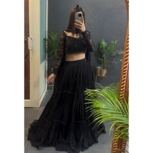 ชุดเลเฮนกาโชลีแบบระบายผ้าจอร์เจตต์เนื้อหนาคุณภาพพรีเมียมสำหรับขายส่ง พร้อมกระโปรงบานยาว 8.5 เมตร เหมาะสำหรับผู้ค้าปลีกงานแต่งงาน - Product Image 1