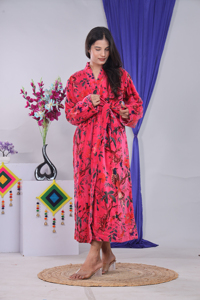 Kimono de Terciopelo Talla Grande con Estampado de Pájaros Rosados, Bata de Novia Ecológica Informal para Mujer, Bata de Novia de Algodón y Terciopelo - Product Image 3