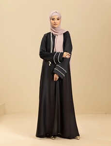 Conjunto de Abaya Informal para Mujeres Musulmanas, Ligero, Transpirable, de Poliéster, Moderno, para Uso Diario, Color Negro, Textura Nida, con Cuentas, Corte Holgado - Product Image 4