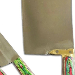 Couteaux traditionnels de boucherie Qurbani avec lames en acier au carbone doré, manches rouges et verts, grand couteau à hacher et trois couteaux à découper la viande - Product Image 4