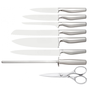 Ensemble de 8 couteaux de cuisine professionnels avec lames en acier inoxydable, bloc de rangement noir, manches en métal, ciseaux de cuisine et aiguiseur - Product Image 2